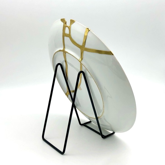 Kintsugi Plate Japanese Hand Painted Landscape Sailboat Gold Crack Growth Gift - Picture 6 of 12